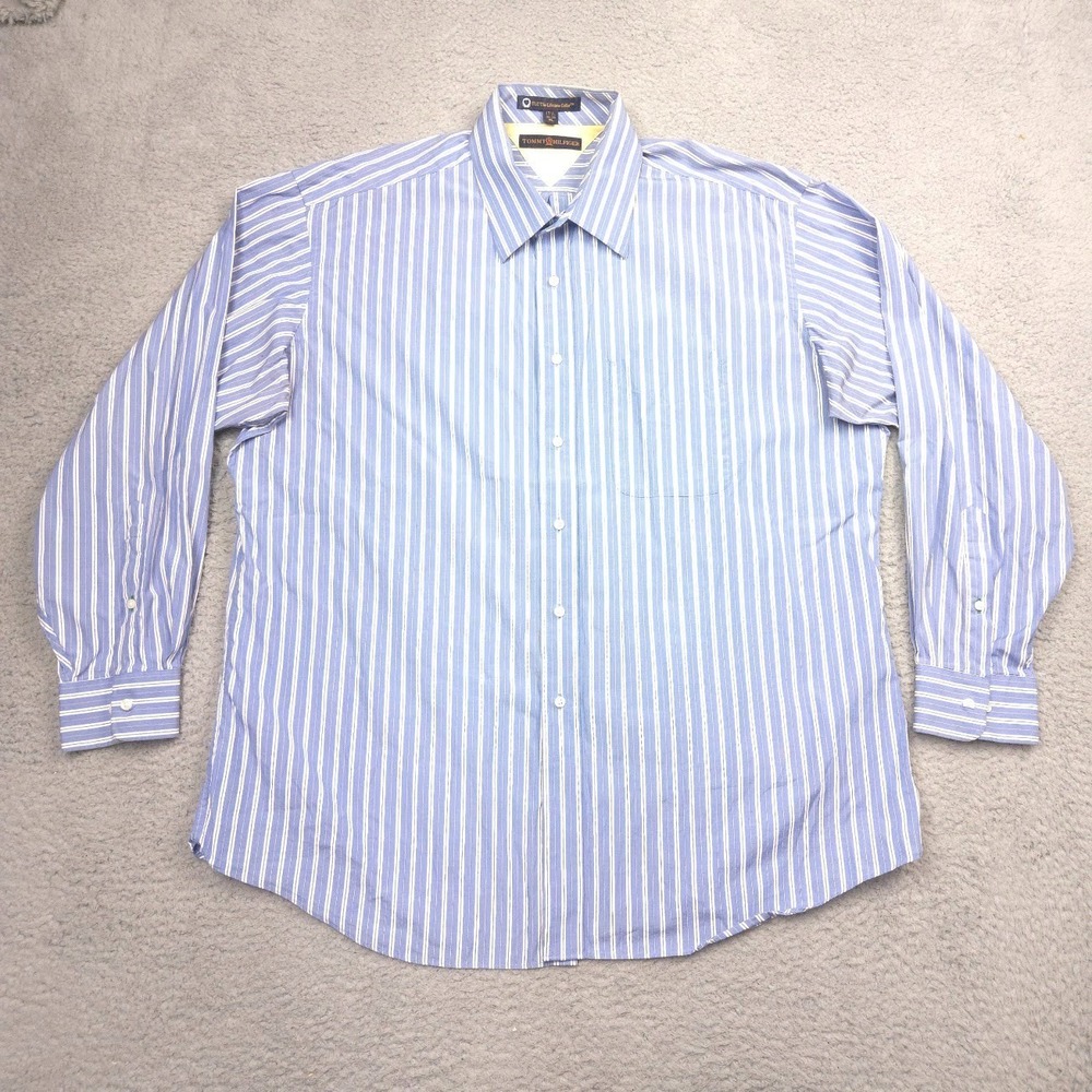 Tommy Hilfiger Shirt Long Sleeve Cotton Mens XL 17 1 2 34 Blue White‎ Stripe TLC